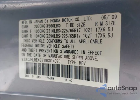 2009 Honda Cr-V Lx из США, поврежденный, VIN JHLRE48319C014325